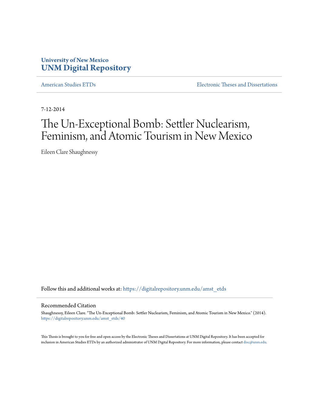 Settler Nuclearism, Feminism, and Atomic Tourism in New Mexico Eileen Clare Shaughnessy