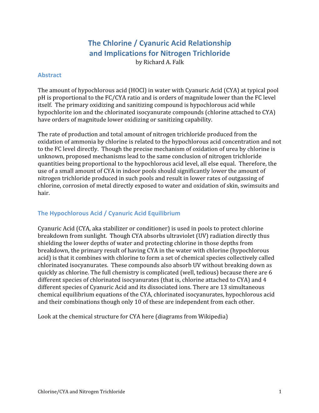 The Chlorine / Cyanuric Acid Relationship and Implications for Nitrogen Trichloride by Richard A