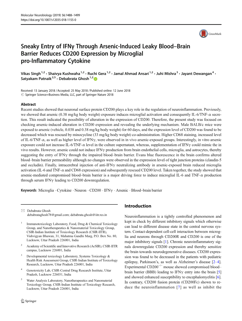 Sneaky Entry of Ifnγ Through Arsenic-Induced Leaky Blood–Brain Barrier Reduces CD200 Expression by Microglial Pro-Inflammatory Cytokine