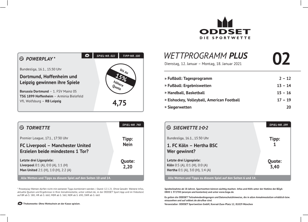 WETTPROGRAMM PLUS Dienstag, 12