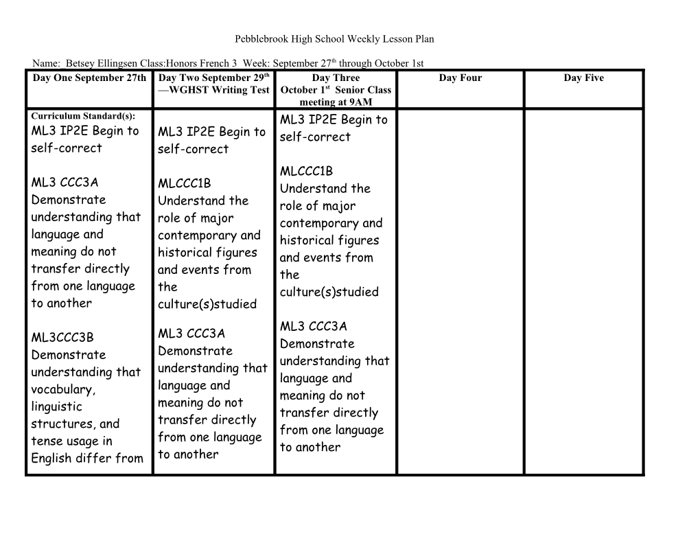 Pebblebrook High School Weekly Lesson Plan