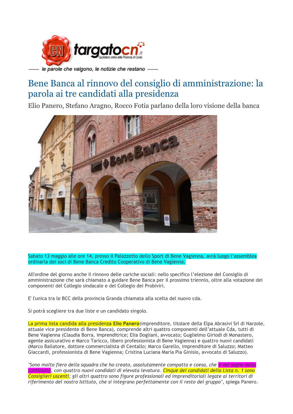 Bene Banca Al Rinnovo Del Consiglio Di Amministrazione