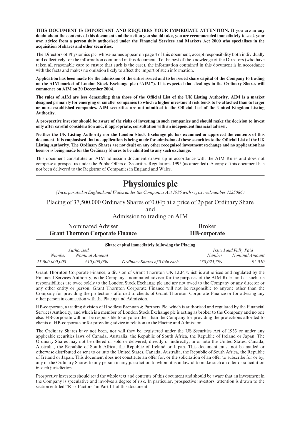 Admission Document Drawn up in Accordance with the AIM Rules and Does Not Comprise a Prospectus Under the Public O¡Ers of Securities Regulations 1995 (As Amended)