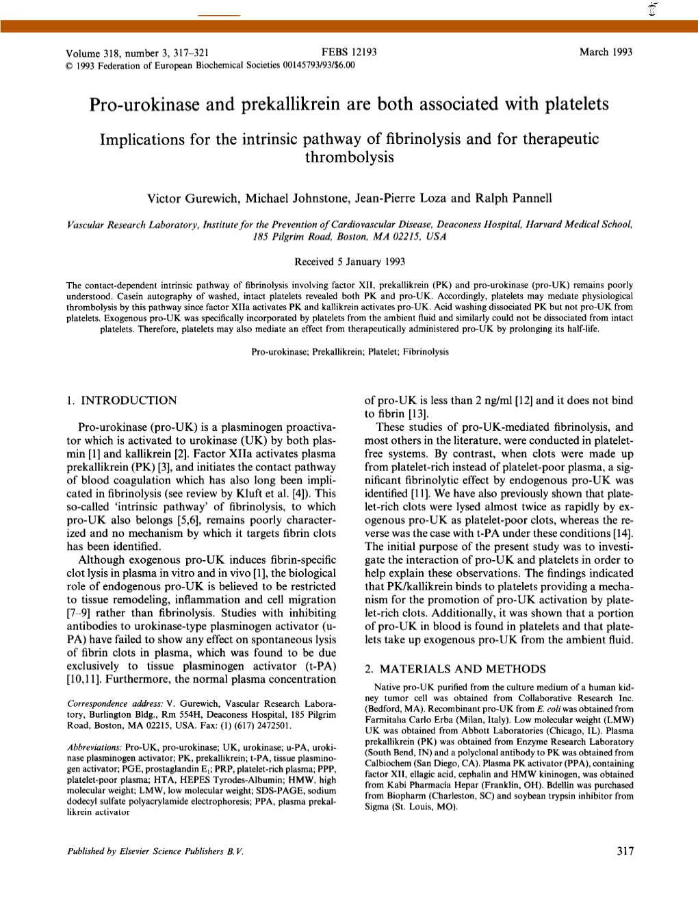 Pro-Urokinase and Prekallikrein Are Both Associated with Platelets