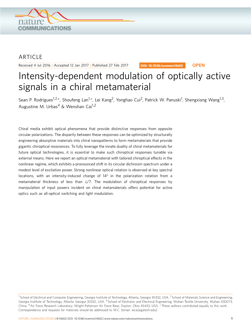 Intensity-Dependent Modulation of Optically Active Signals in a Chiral Metamaterial