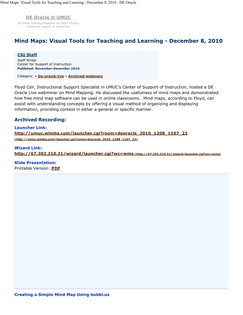 Mind Maps: Visual Tools for Teaching and Learning - December 8, 2010 - DE Oracle