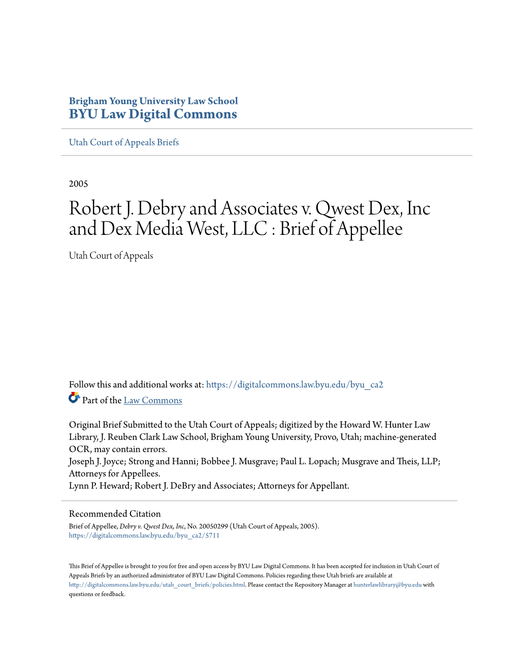Robert J. Debry and Associates V. Qwest Dex, Inc and Dex Media West, LLC : Brief of Appellee Utah Court of Appeals