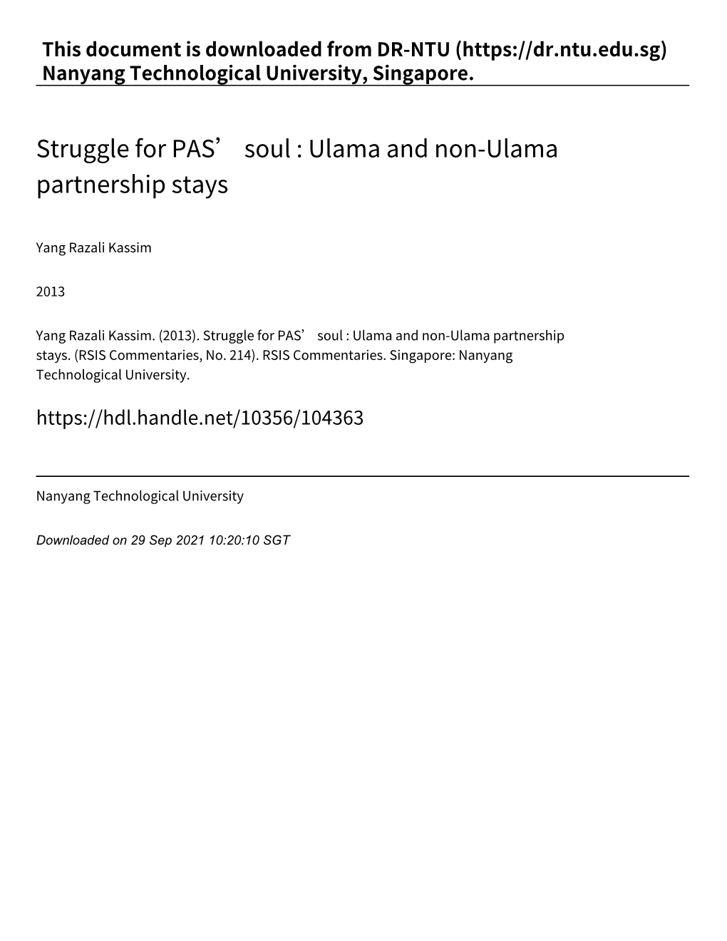Struggle for PAS' Soul : Ulama and Non‑Ulama Partnership Stays