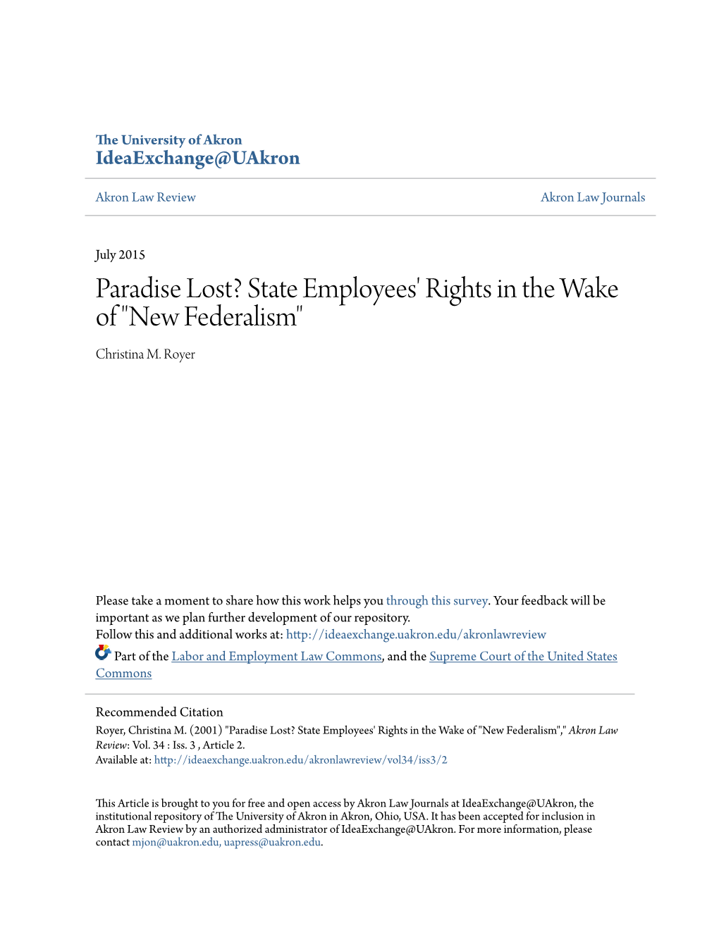 State Employees' Rights in the Wake of "New Federalism" Christina M