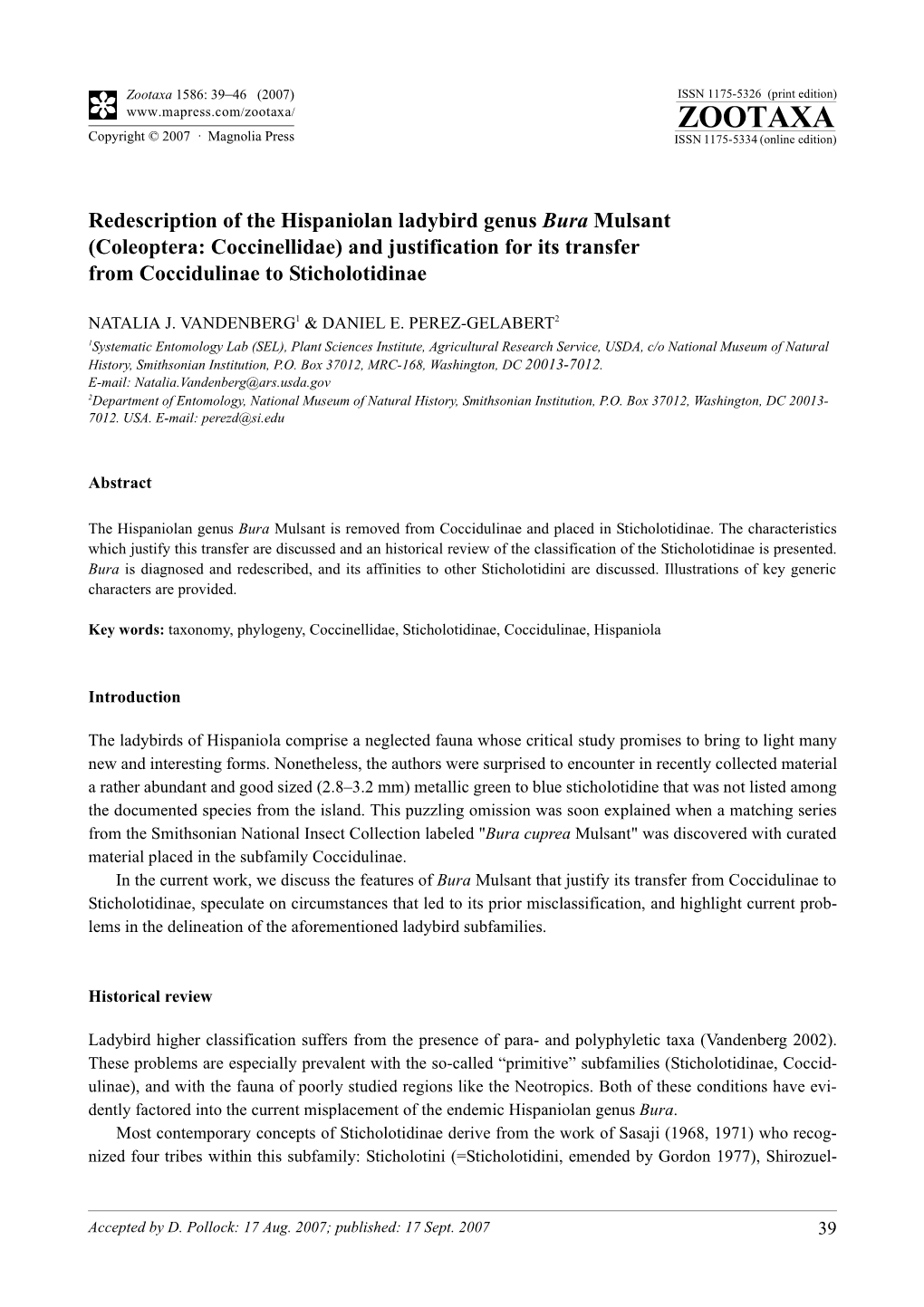 Zootaxa,Redescription of the Hispaniolan Ladybird Genus Bura
