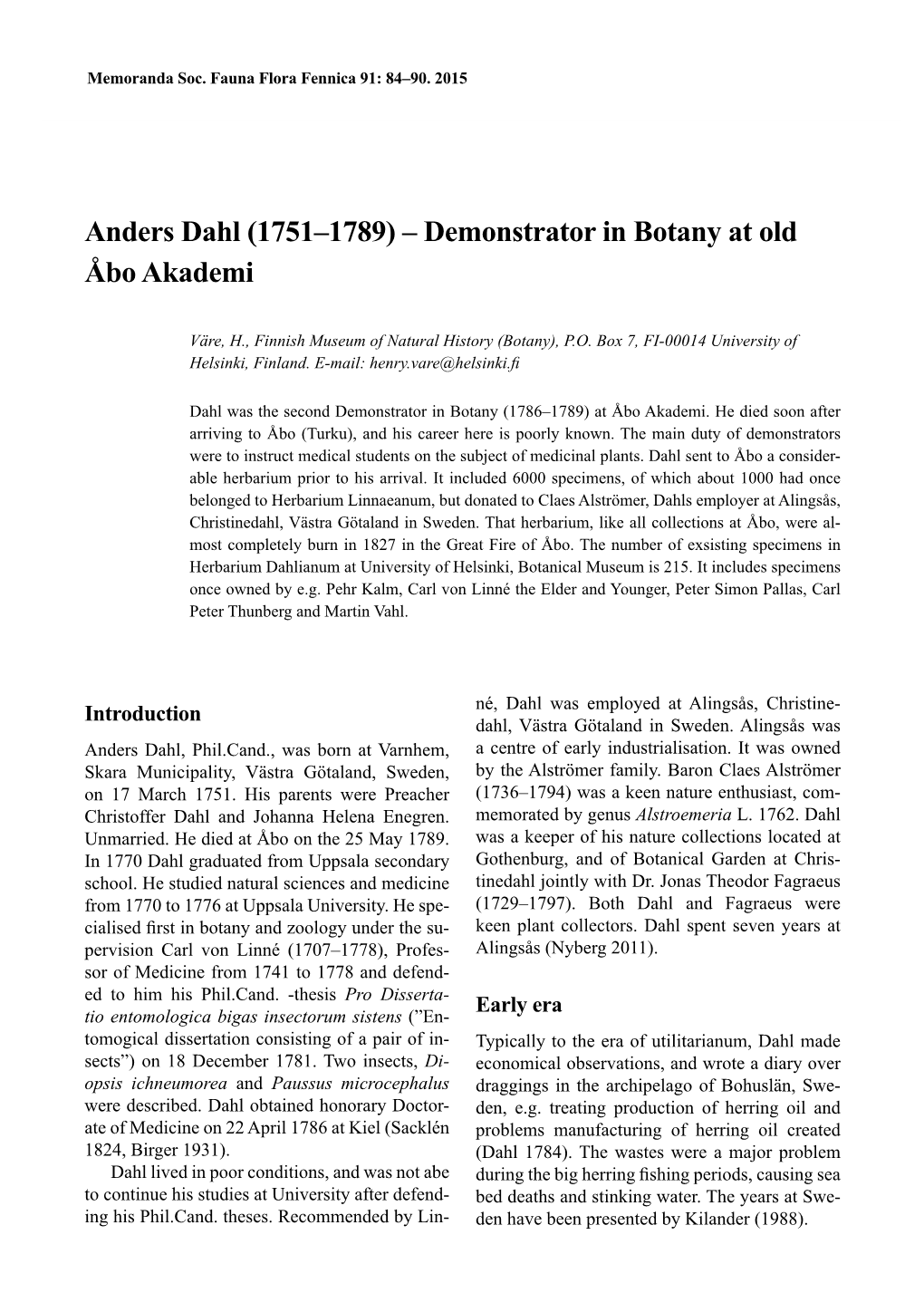 Anders Dahl (1751–1789) – Demonstrator in Botany at Old Åbo Akademi