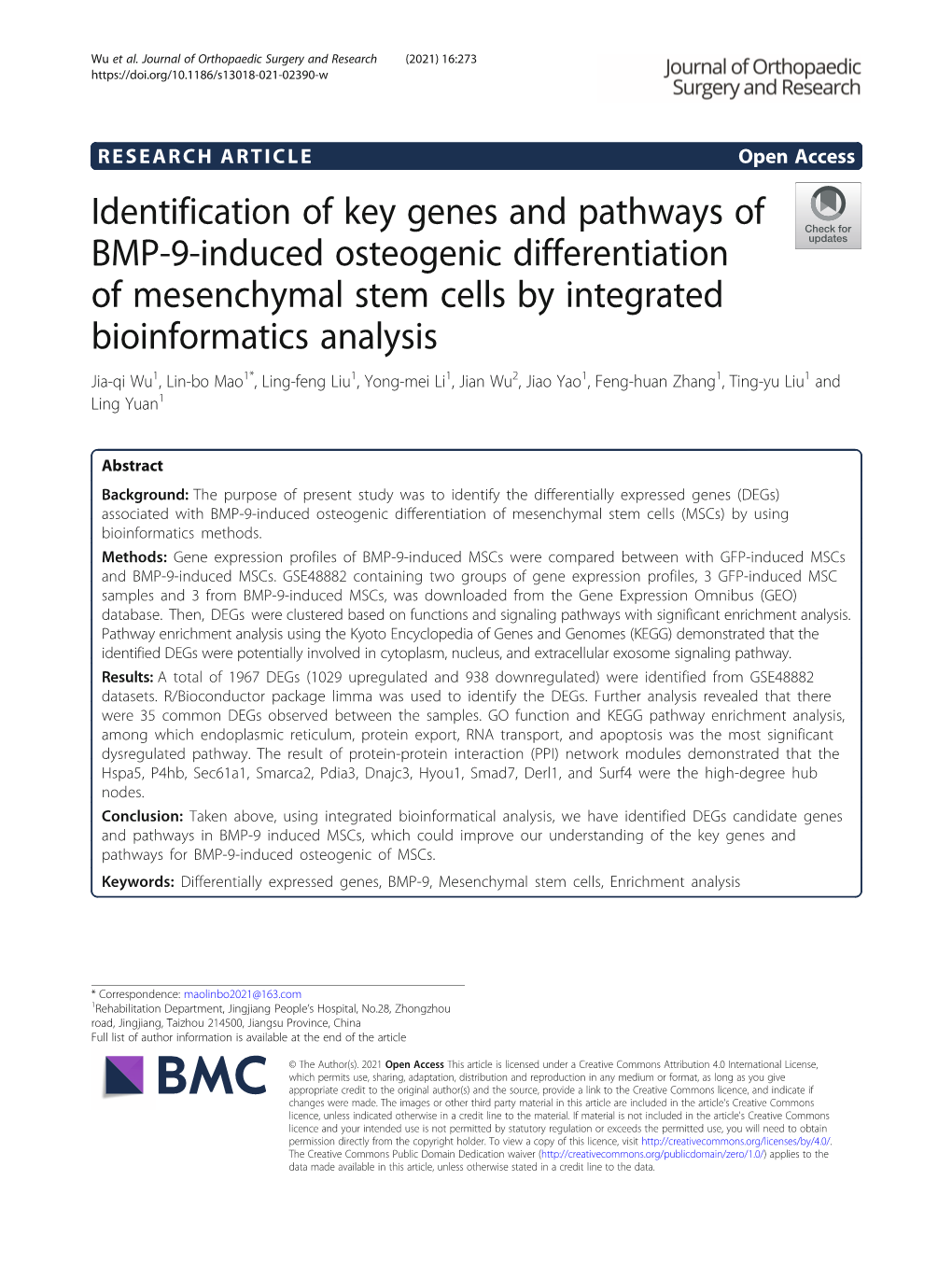 Identification of Key Genes and Pathways of BMP-9-Induced