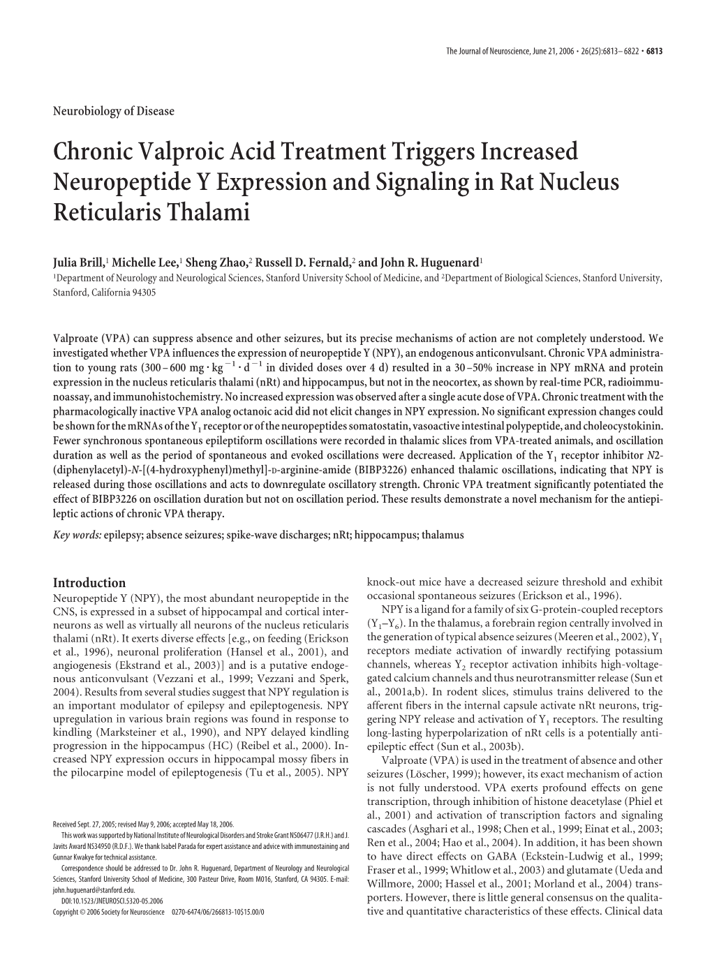 Chronic Valproic Acid Treatment Triggers Increased Neuropeptide Y Expression and Signaling in Rat Nucleus Reticularis Thalami