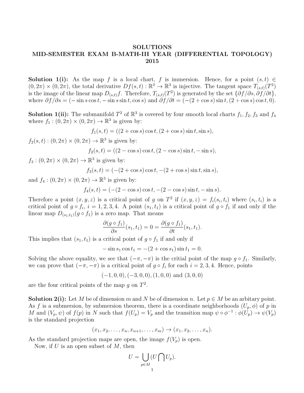 (DIFFERENTIAL TOPOLOGY) 2015 Solution 1(I): As the Map F Is a Local