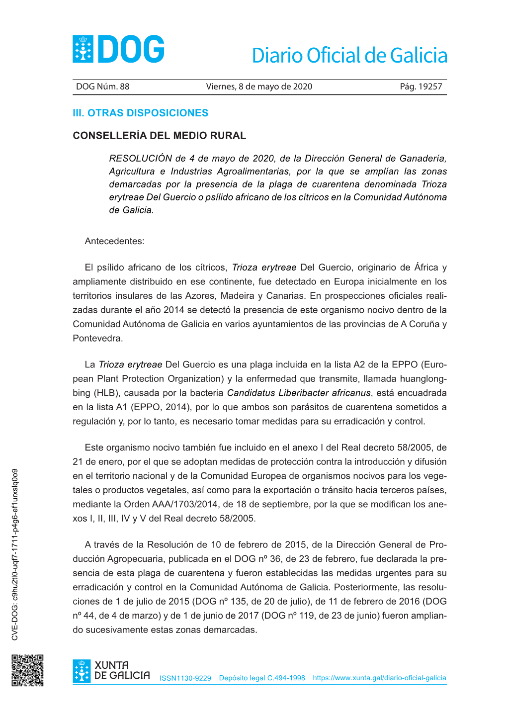 RESOLUCIÓN De 4 De Mayo De 2020, De La Dirección General De