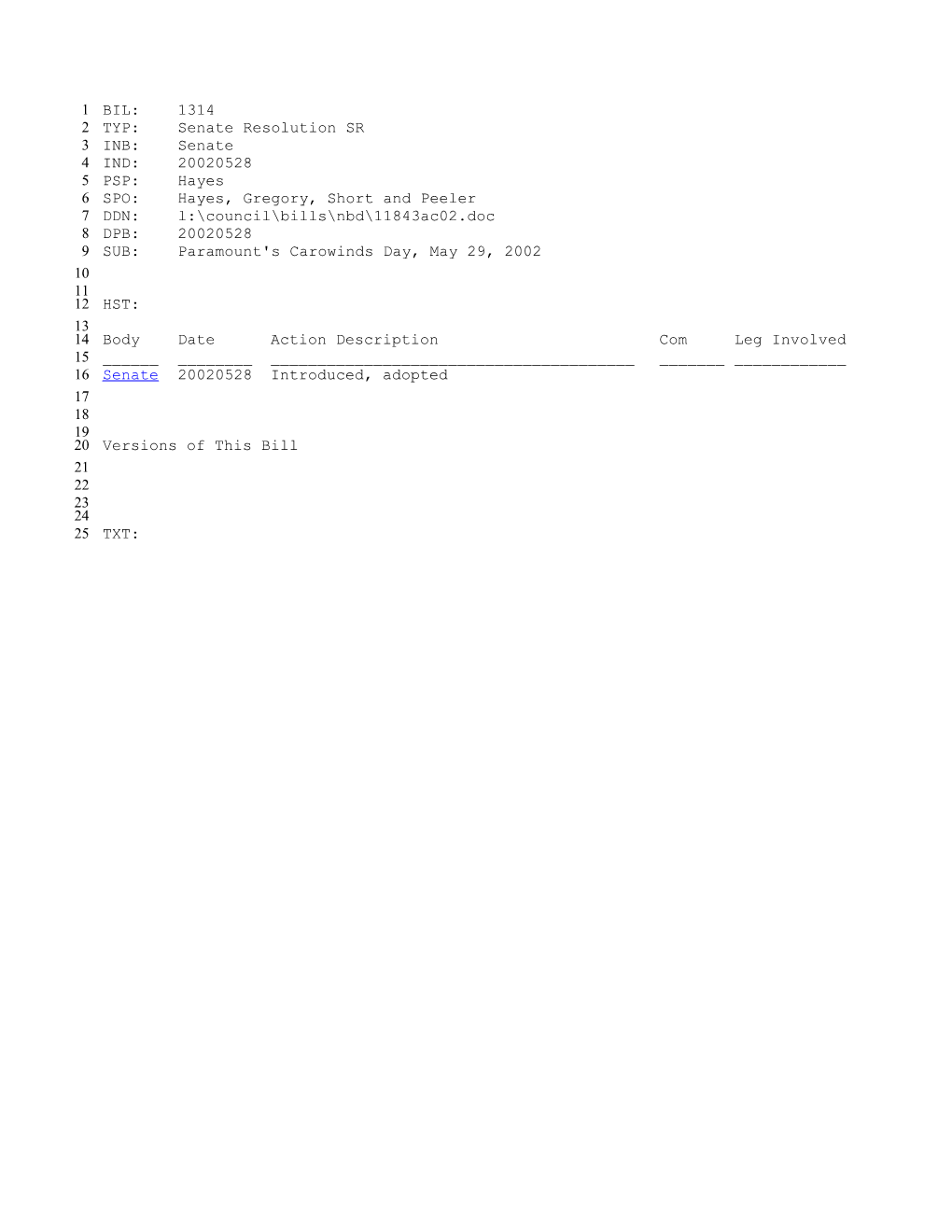 2001-2002 Bill 1314: Paramount's Carowinds Day, May 29, 2002 - South Carolina Legislature Online