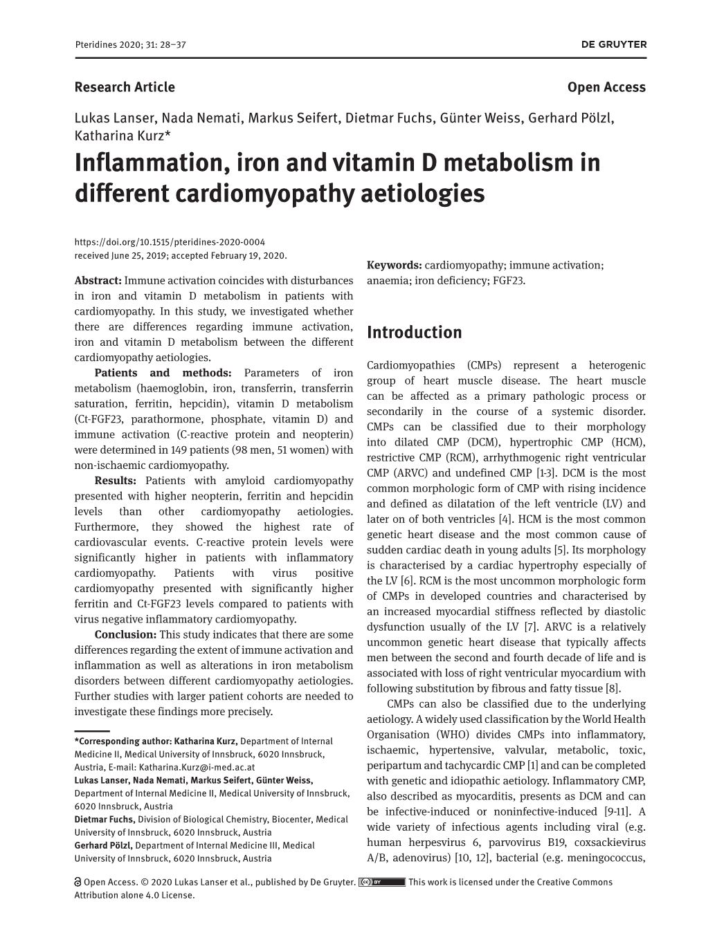 Inflammation, Iron and Vitamin D Metabolism in Different