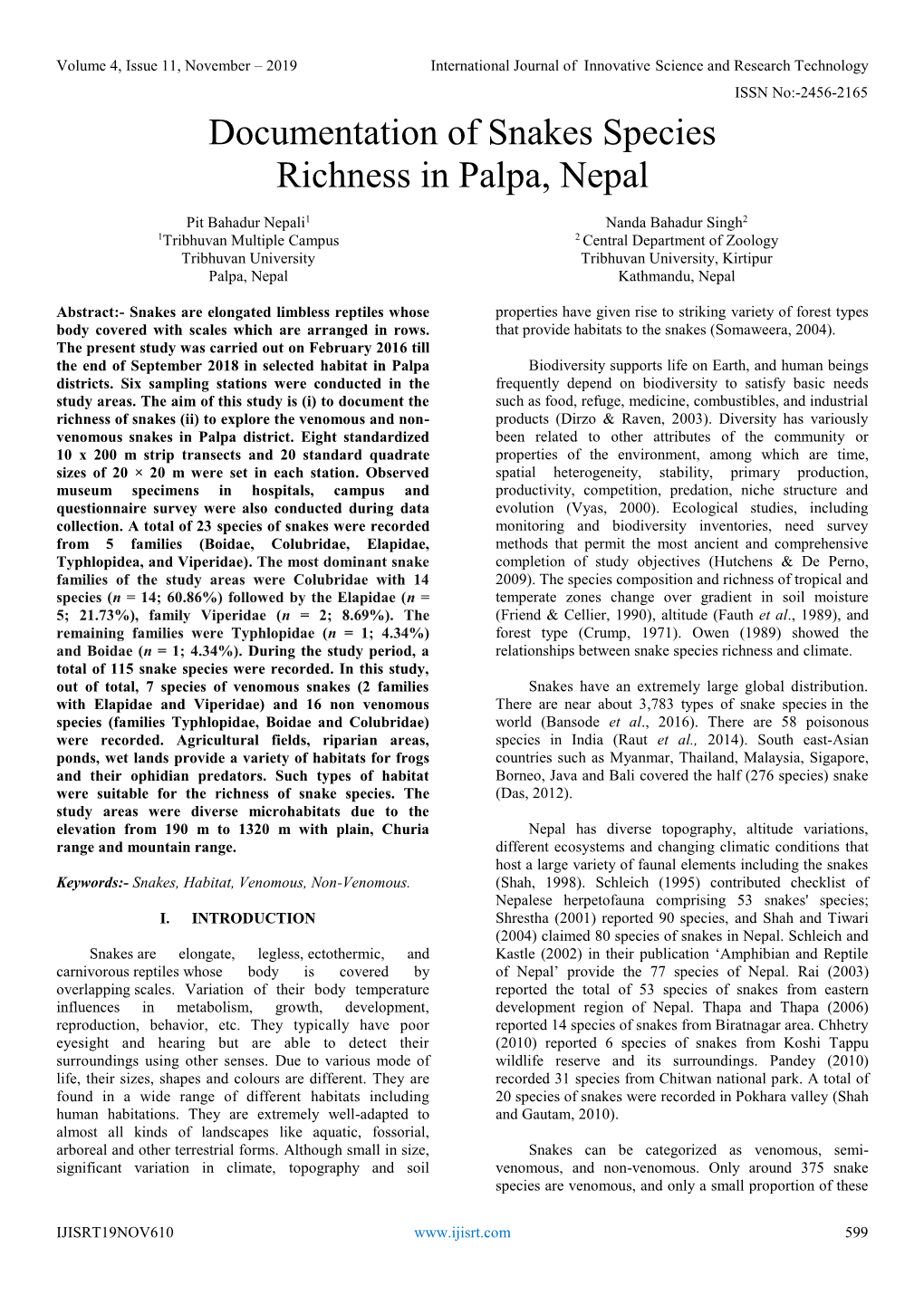 Documentation of Snakes Species Richness in Palpa, Nepal