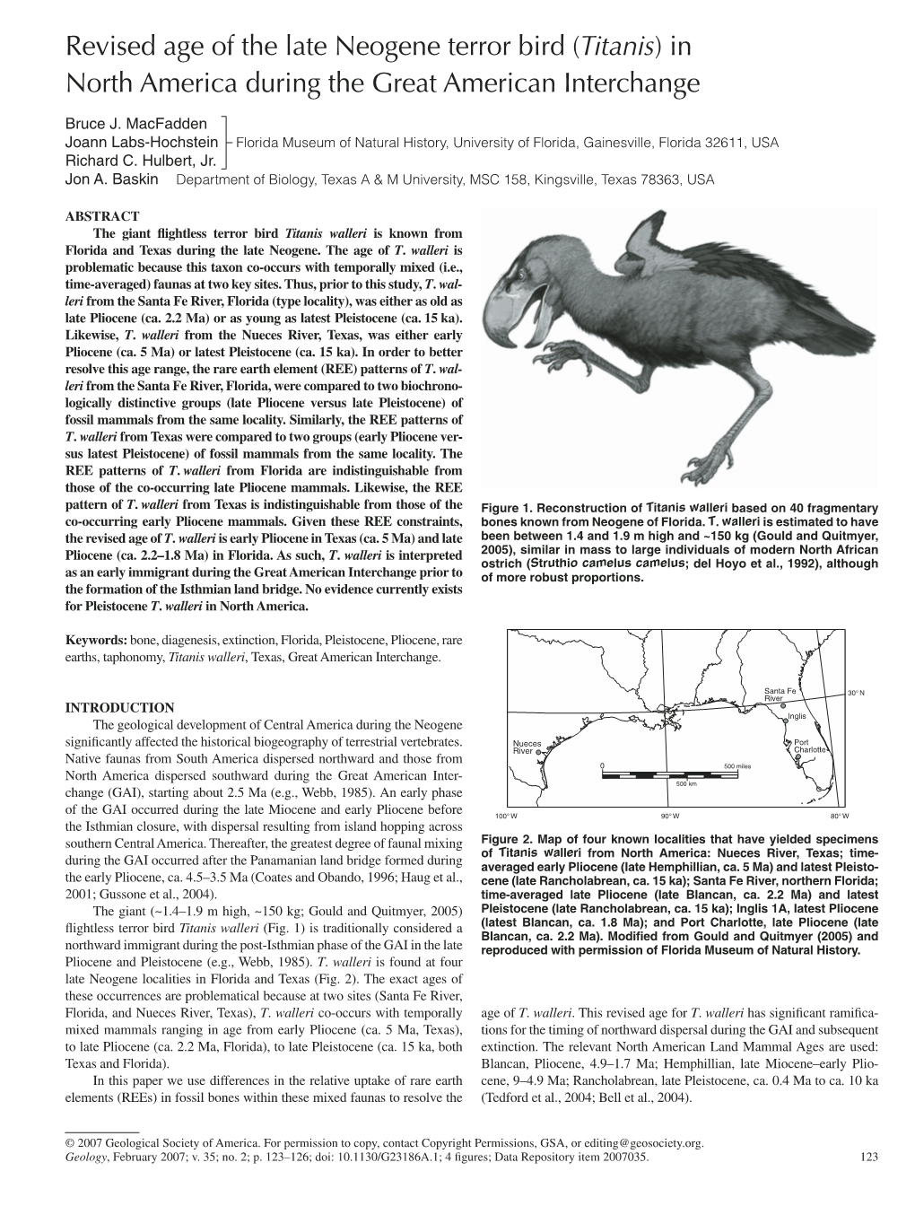 Revised Age of the Late Neogene Terror Bird (Titanis) in North America During the Great American Interchange