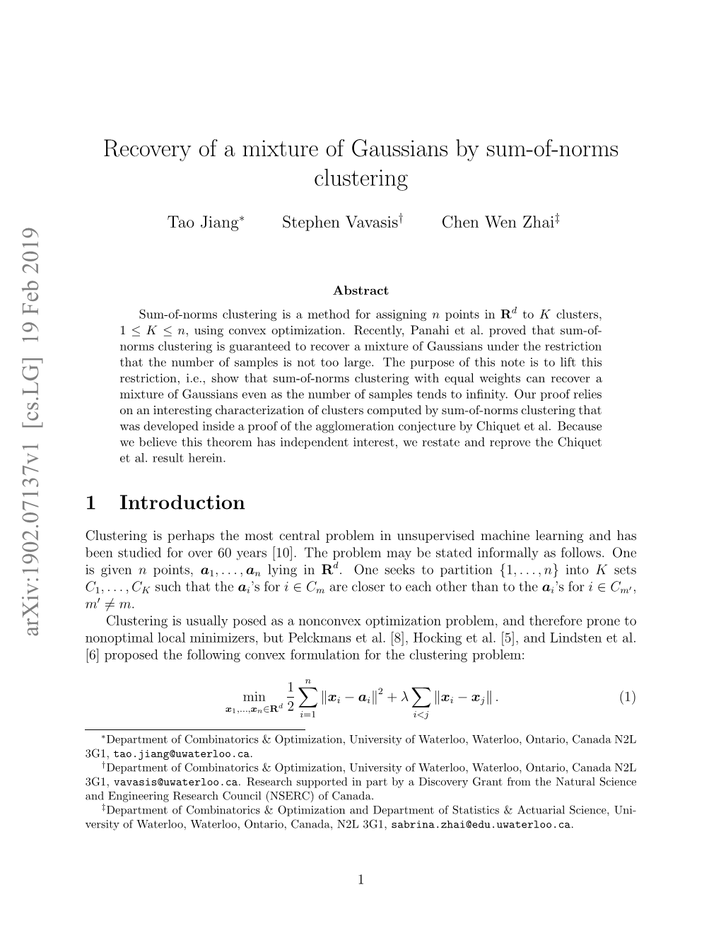 Recovery of a Mixture of Gaussians by Sum-Of-Norms Clustering