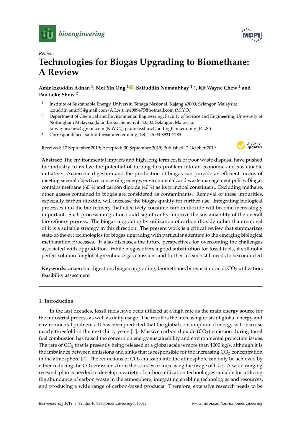 Technologies for Biogas Upgrading to Biomethane: a Review