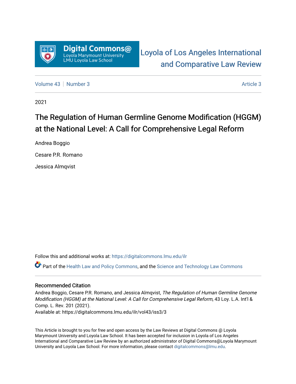 The Regulation of Human Germline Genome Modification (HGGM) at the National Level: a Call for Comprehensive Legal Reform