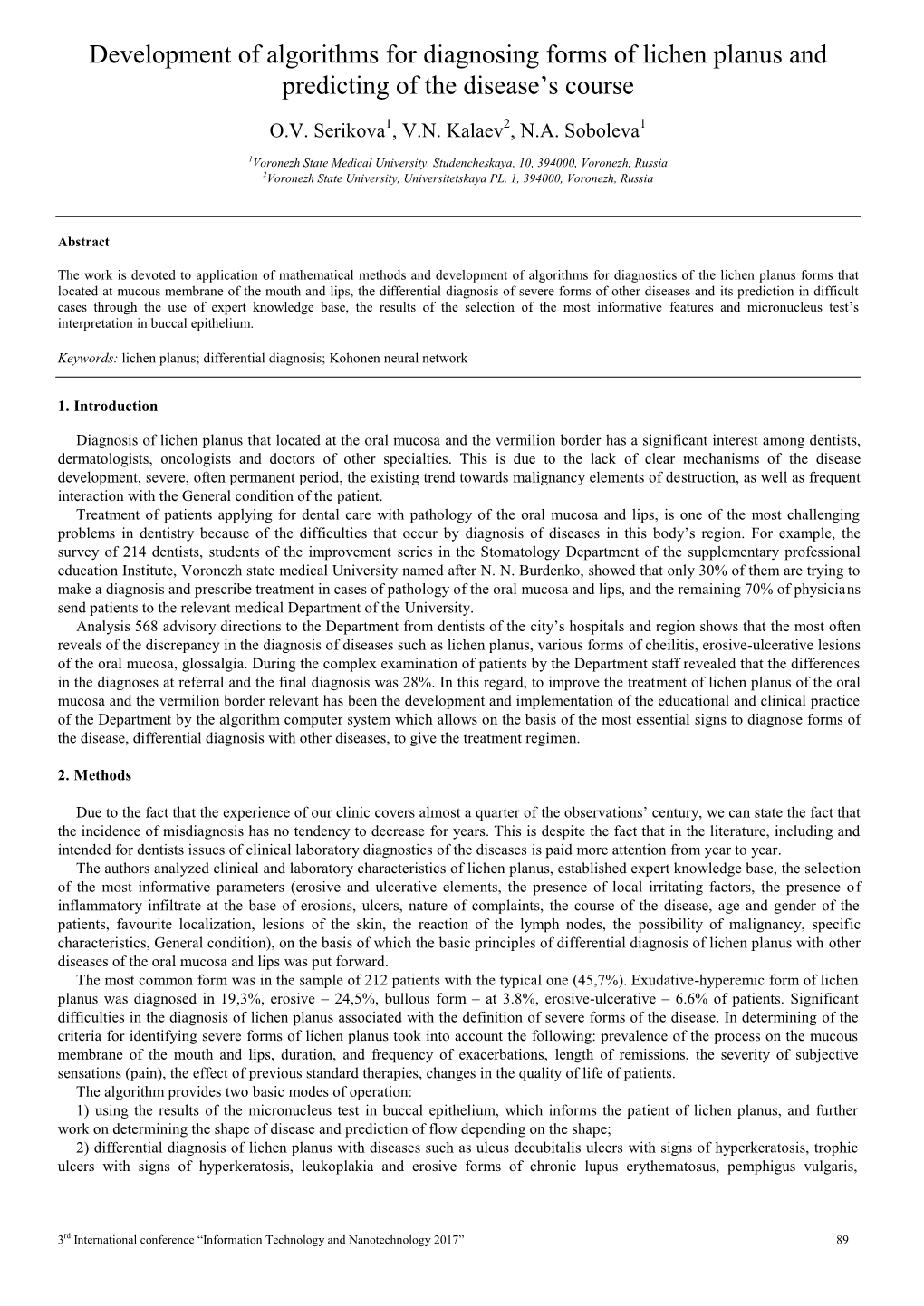 Development of Algorithms for Diagnosing Forms of Lichen Planus and Predicting of the Disease's Course