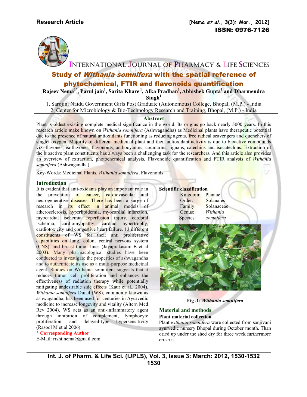 Study of Withania Somnifera with the Spatial Reference of Phytochemical
