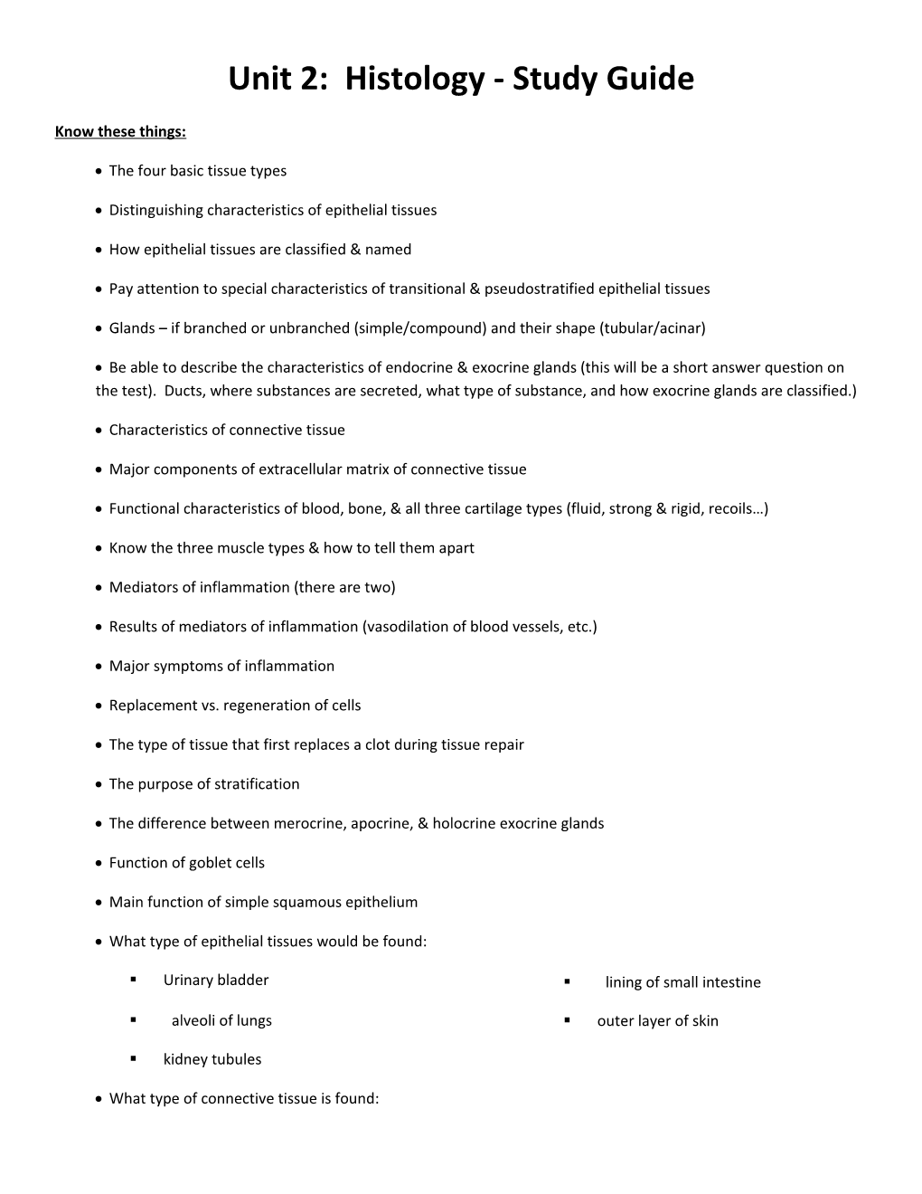 Unit 2: Histology - Study Guide