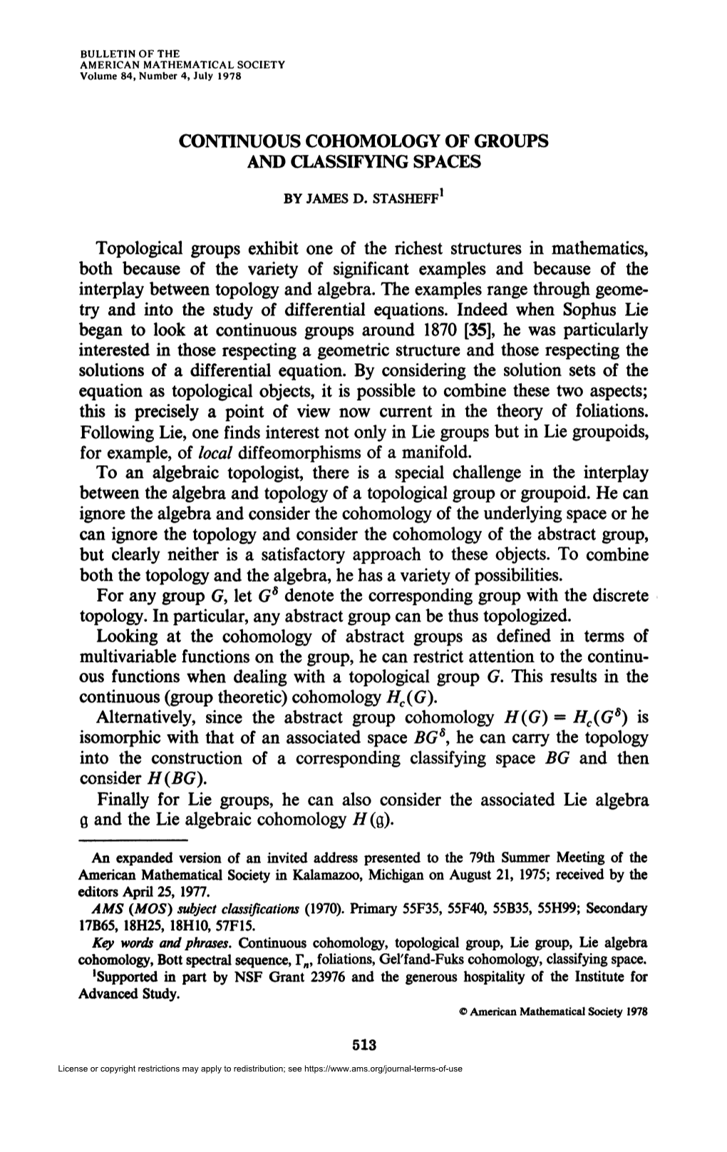 Continuous Cohomology of Groups and Classifying Spaces