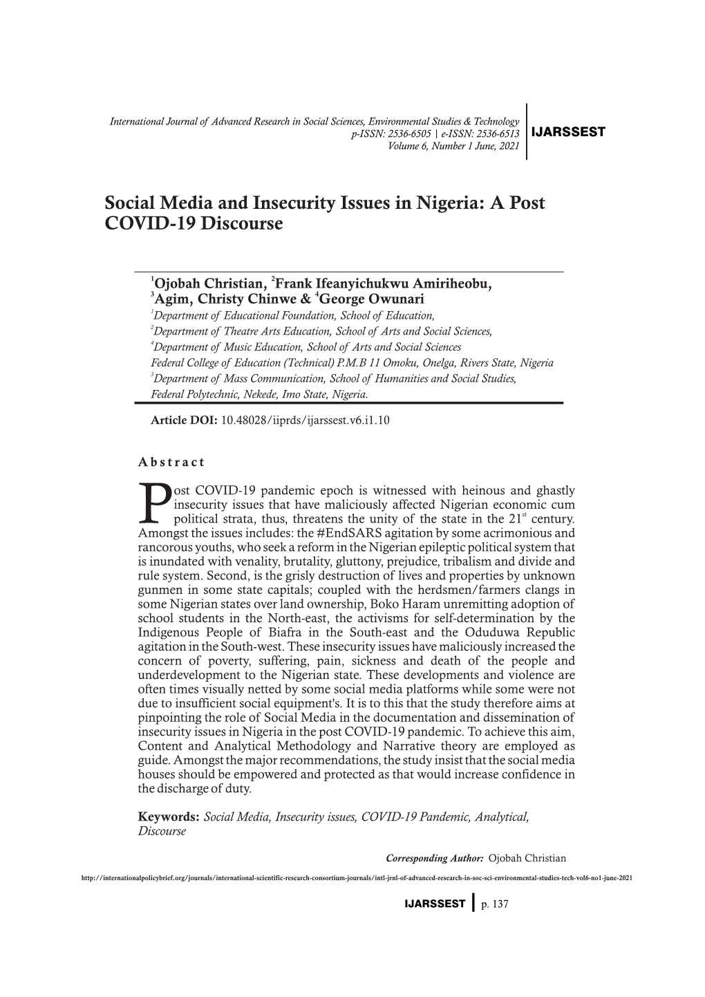 Social Media and Insecurity Issues in Nigeria: a Post COVID-19 Discourse