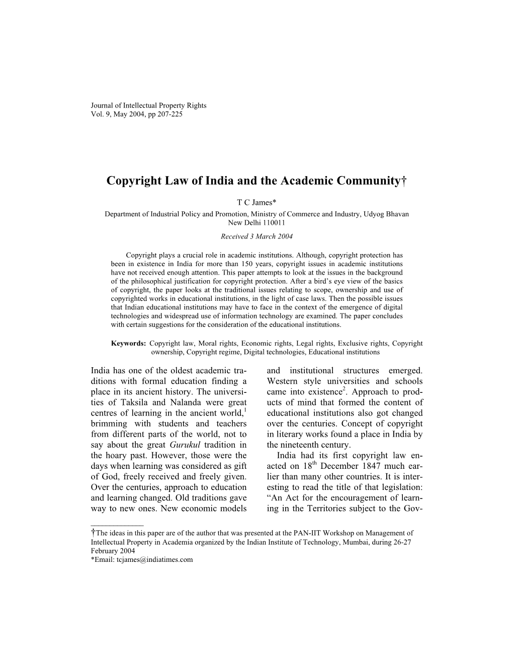 Copyright Law of India and the Academic Community†