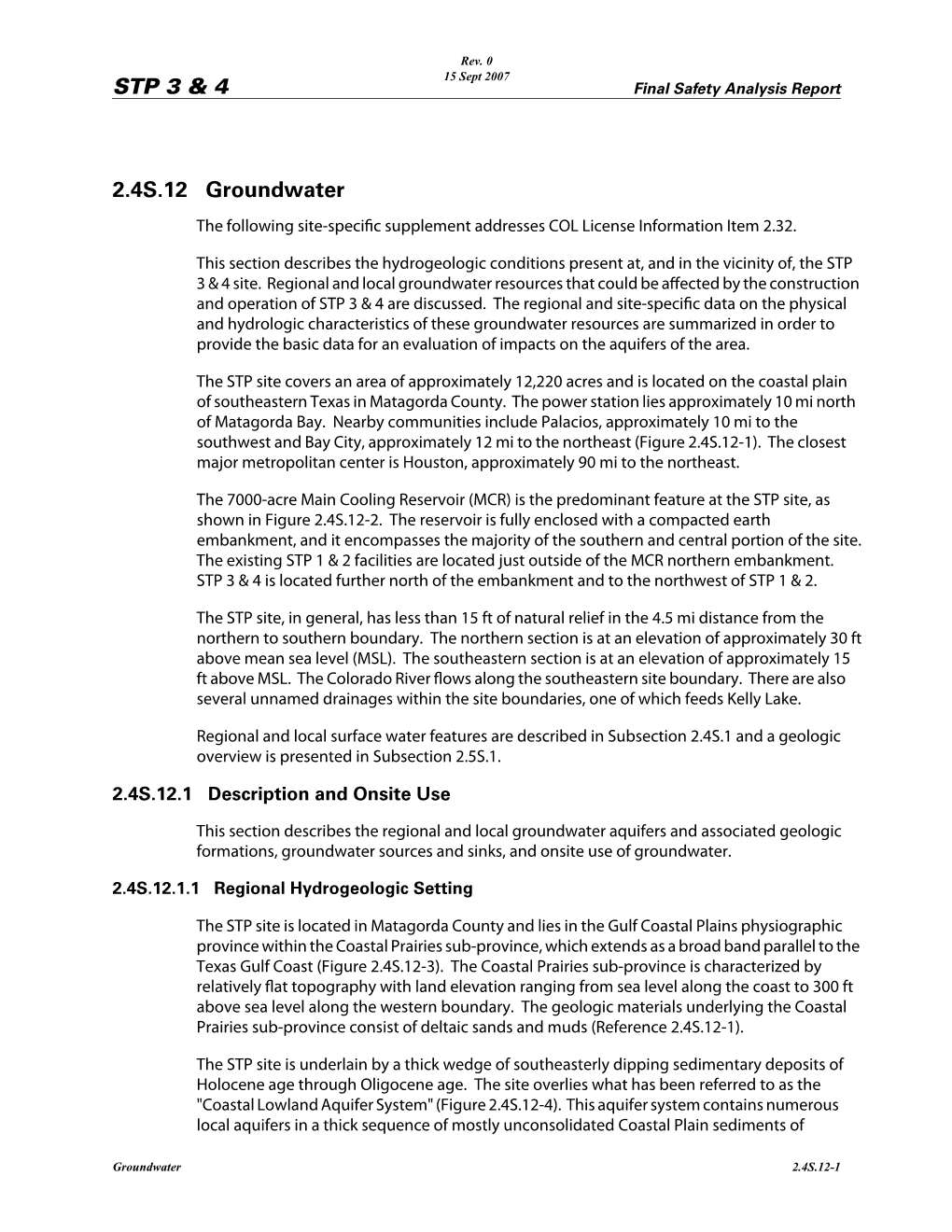 South Texas Project Units 3 & 4 COLA (FSAR), Rev. 0