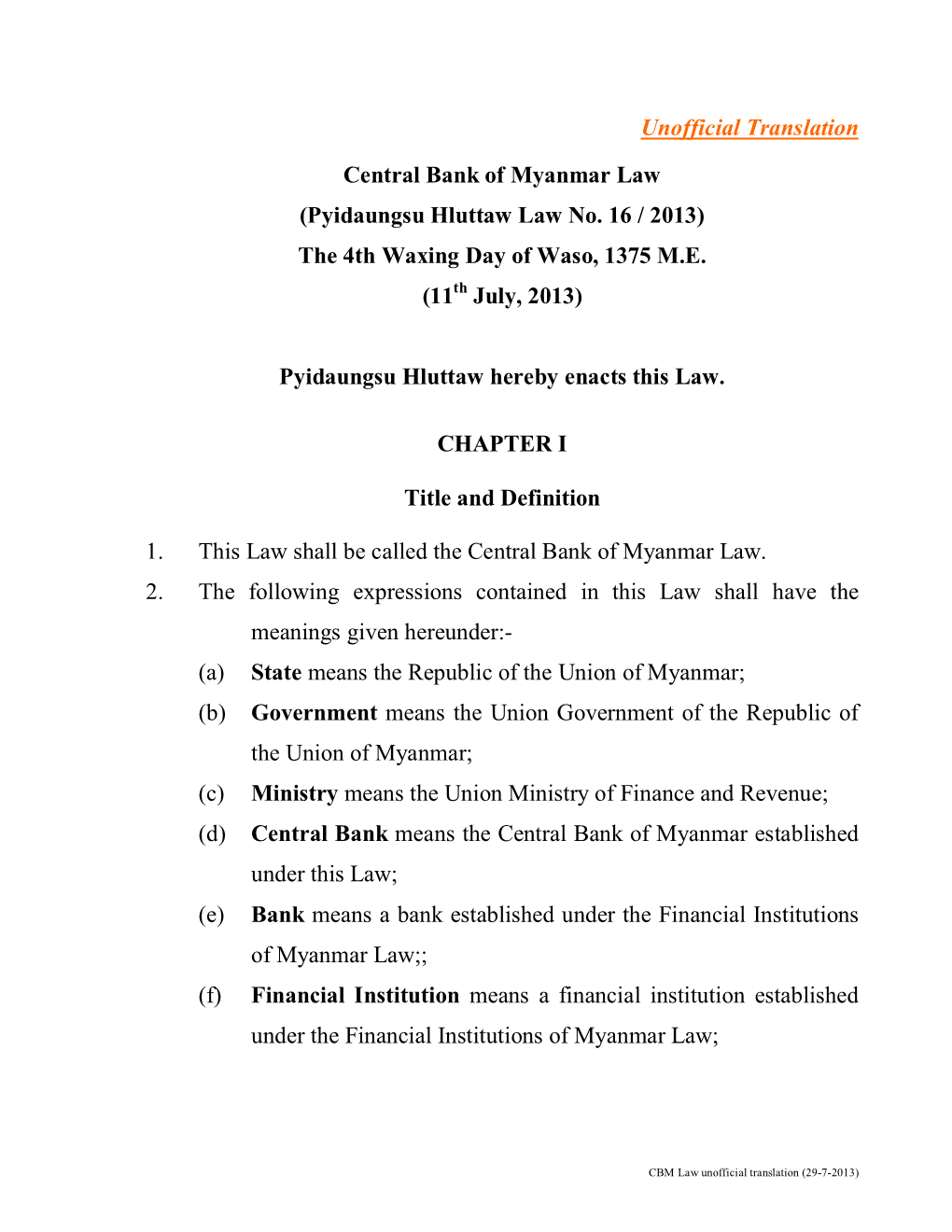 Central Bank of Myanmar Law (Pyidaungsu Hluttaw Law No