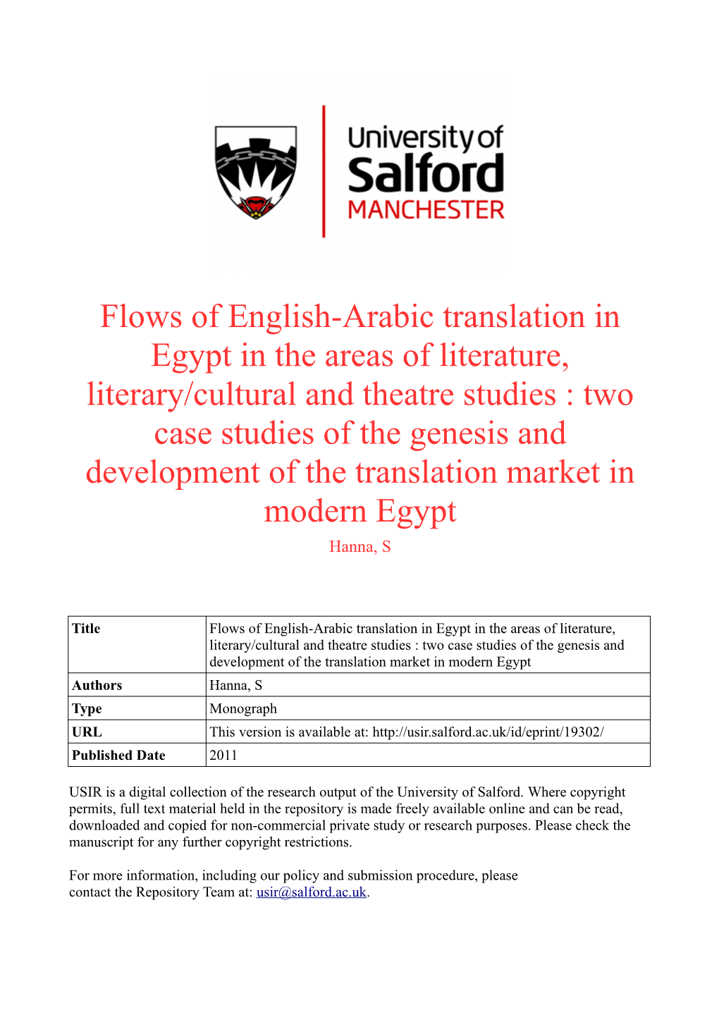 Flows of English-Arabic Translation in Egypt in the Areas of Literature, Literary/Cultural and Theatre Studies