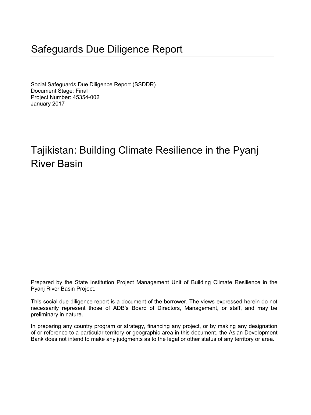 Safeguards Due Diligence Report Tajikistan: Building Climate