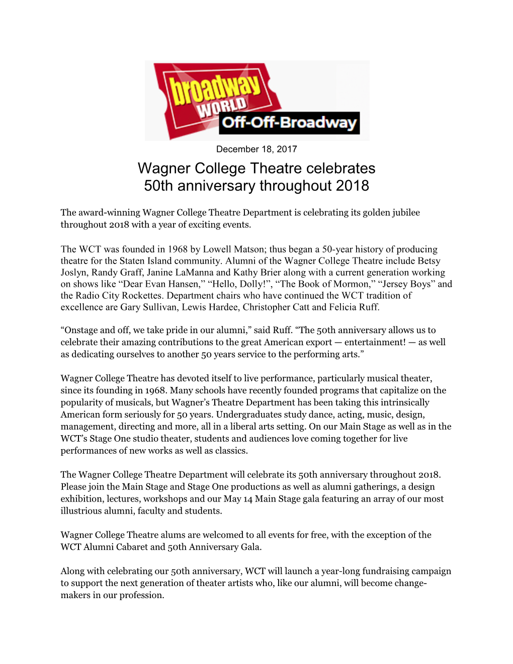 Wagner College Theatre Celebrates 50Th Anniversary Throughout 2018