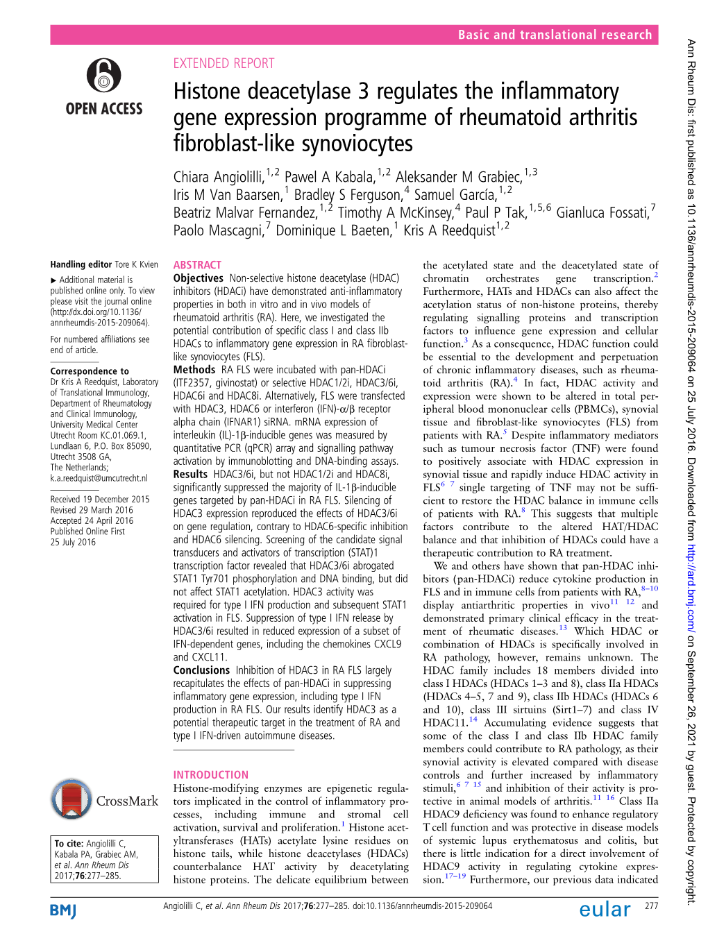 Histone Deacetylase 3 Regulates the Inflammatory Gene Expression Programme of Rheumatoid Arthritis Fibroblast-Like Synoviocytes