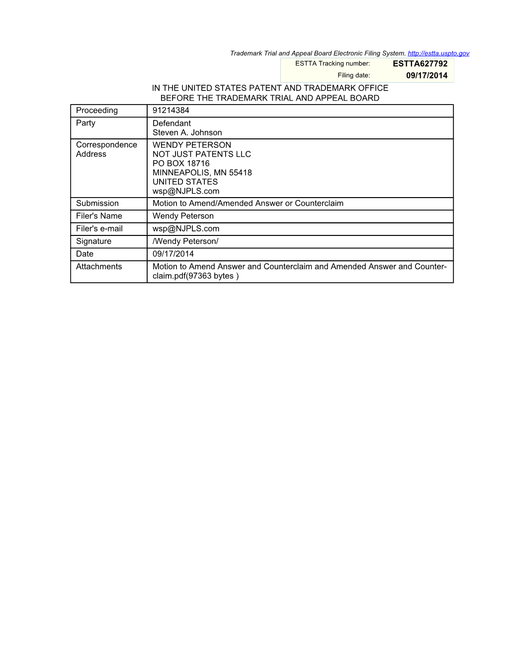 Estta627792 09/17/2014 in the United States Patent And