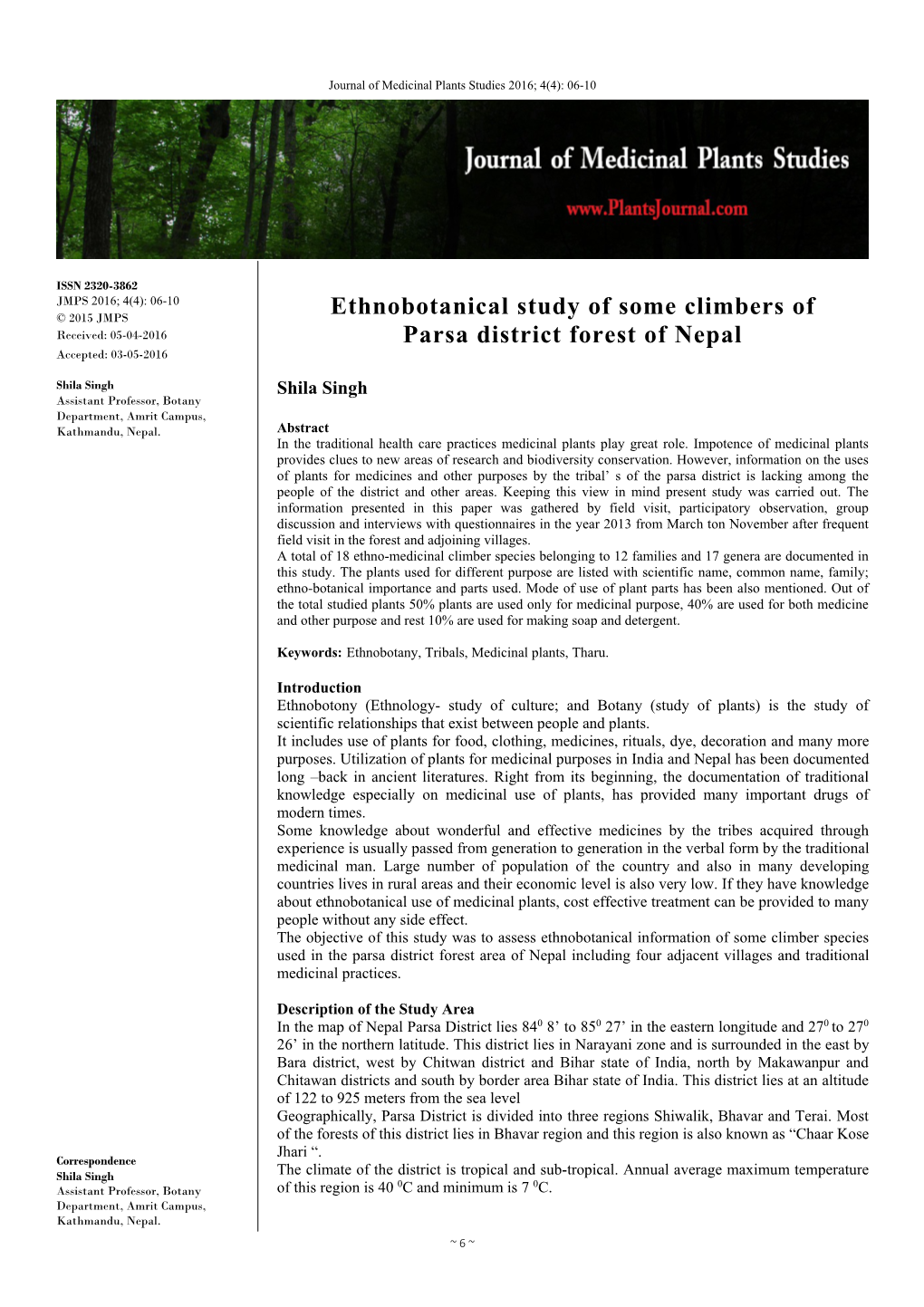 Ethnobotanical Study of Some Climbers of Parsa District Forest of Nepal