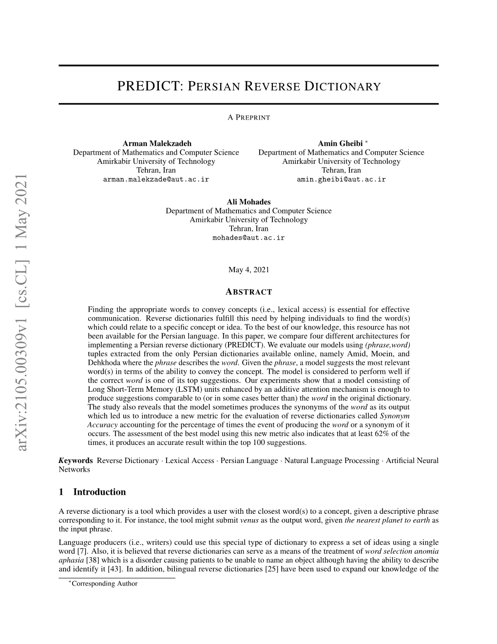 Arxiv:2105.00309V1 [Cs.CL] 1 May 2021 Keywords Reverse Dictionary · Lexical Access · Persian Language · Natural Language Processing · Artiﬁcial Neural Networks