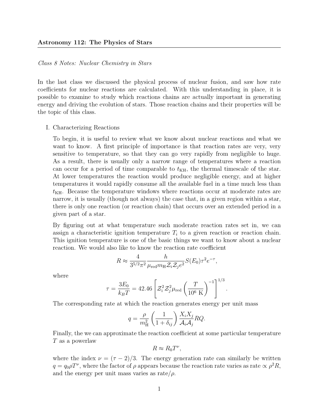 Astronomy 112: the Physics of Stars Class 8 Notes: Nuclear Chemistry