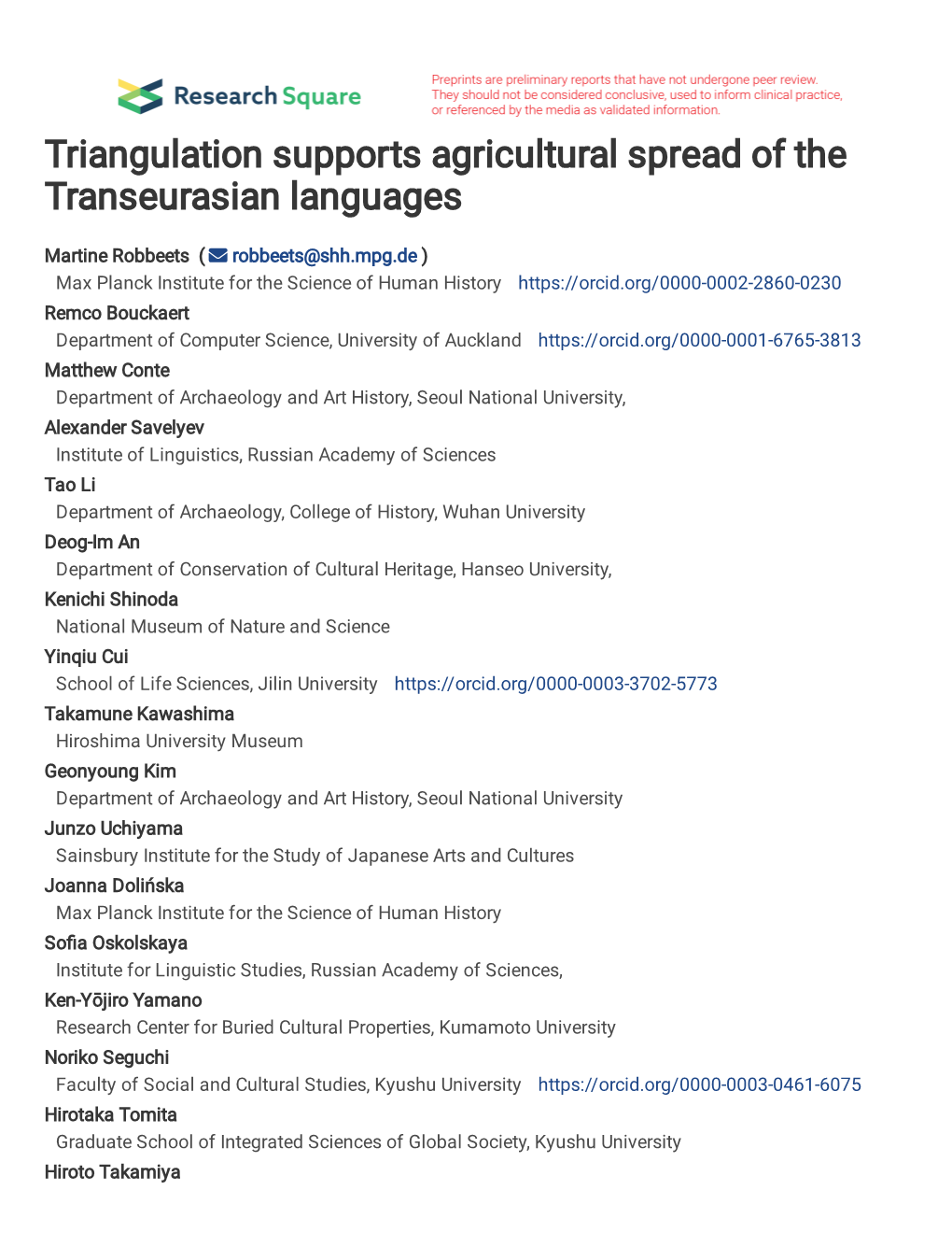 Triangulation Supports Agricultural Spread of the Transeurasian Languages