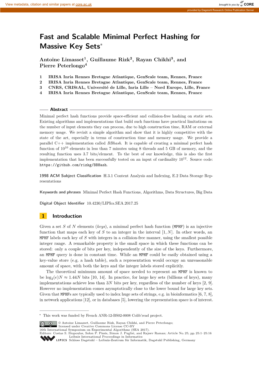 Fast and Scalable Minimal Perfect Hashing for Massive Key Sets∗