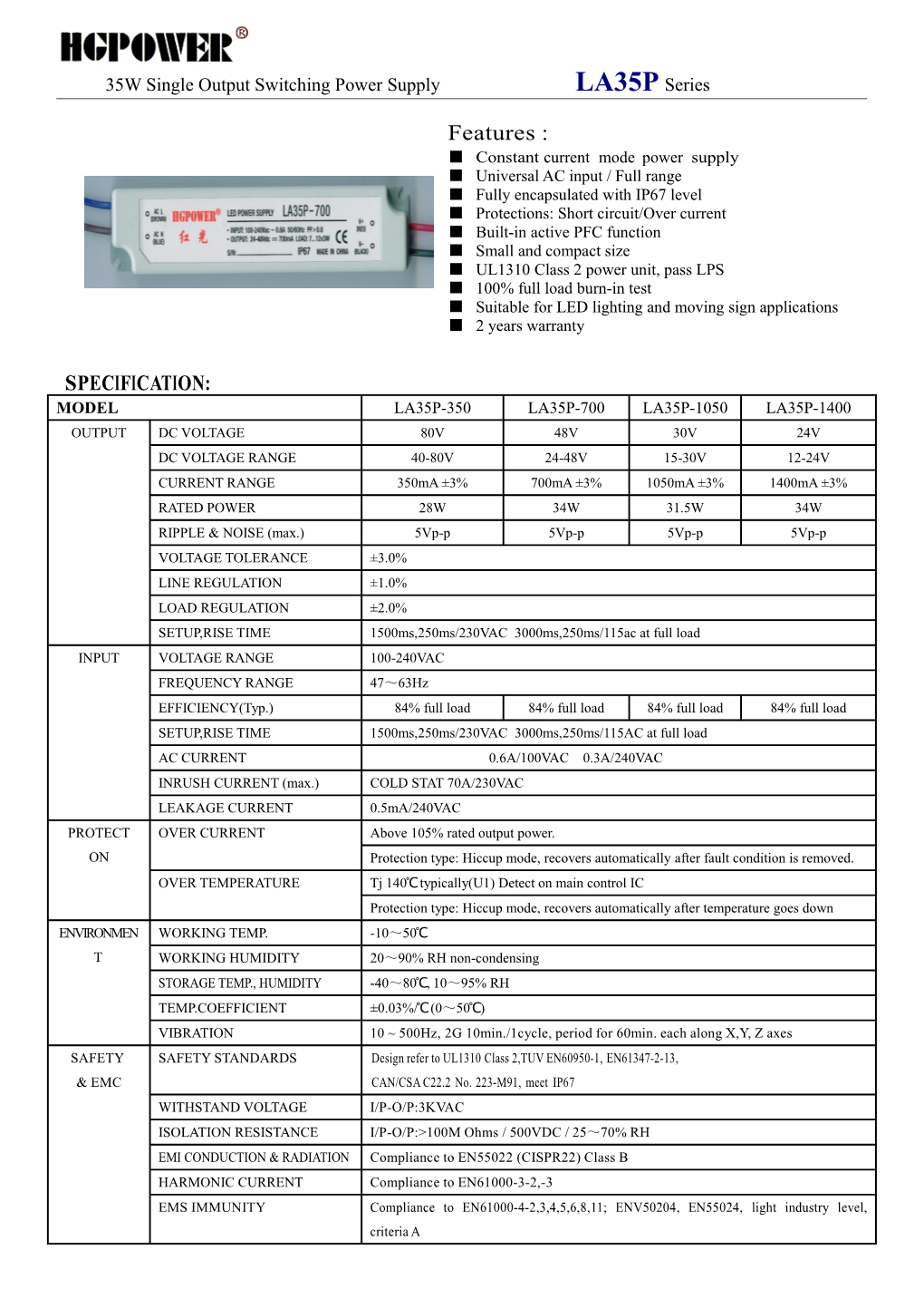 35W Single Output Switching Power Supply LA35P Series