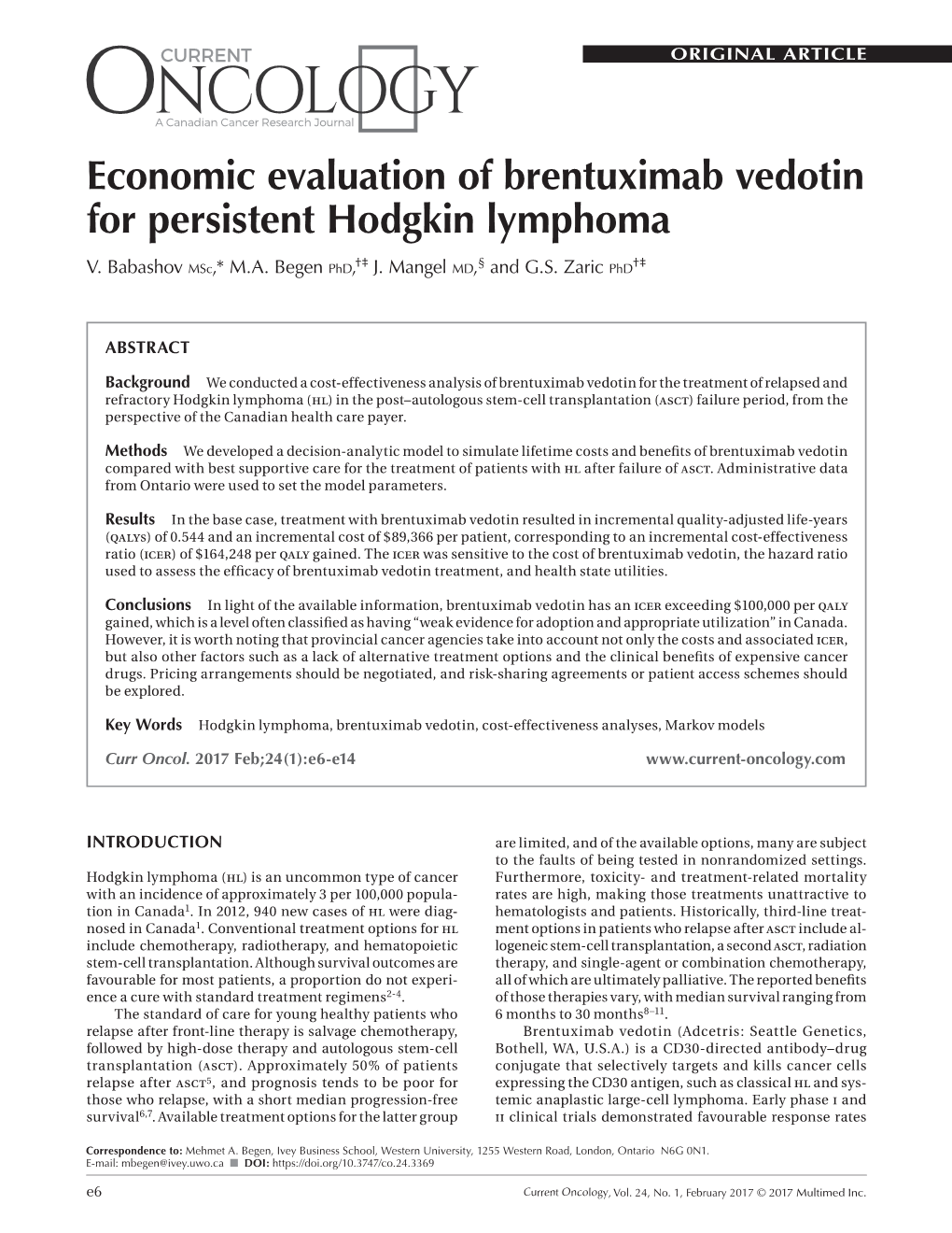 Economic Evaluation of Brentuximab Vedotin for Persistent Hodgkin Lymphoma