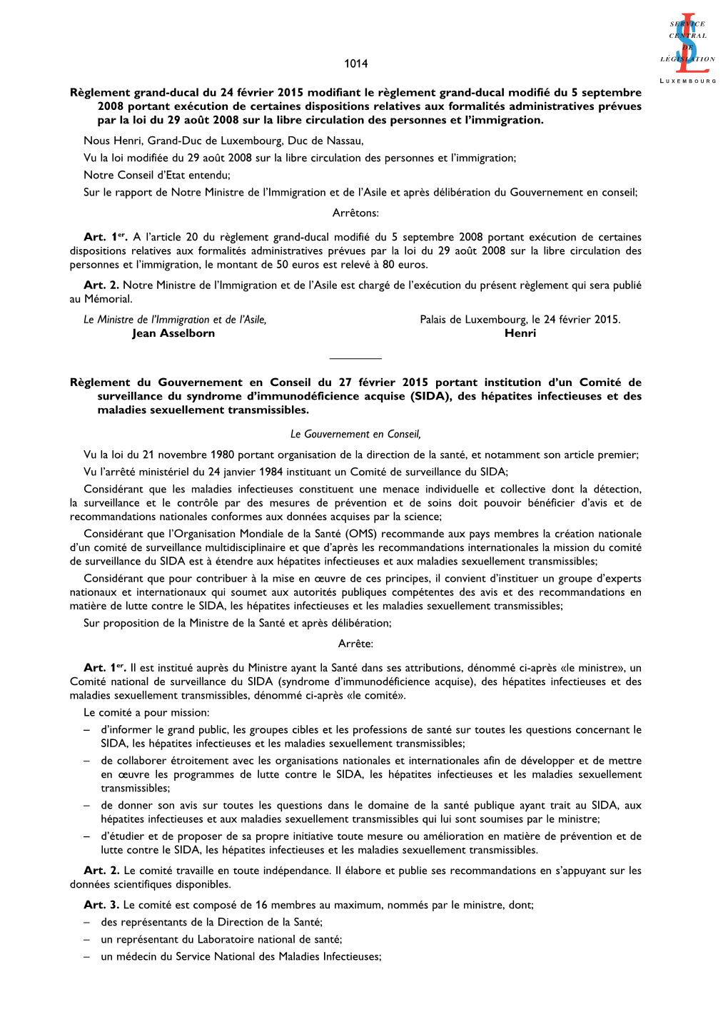 Règlement Grand-Ducal Du 24 Février 2015 Modifiant Le Règlement Grand