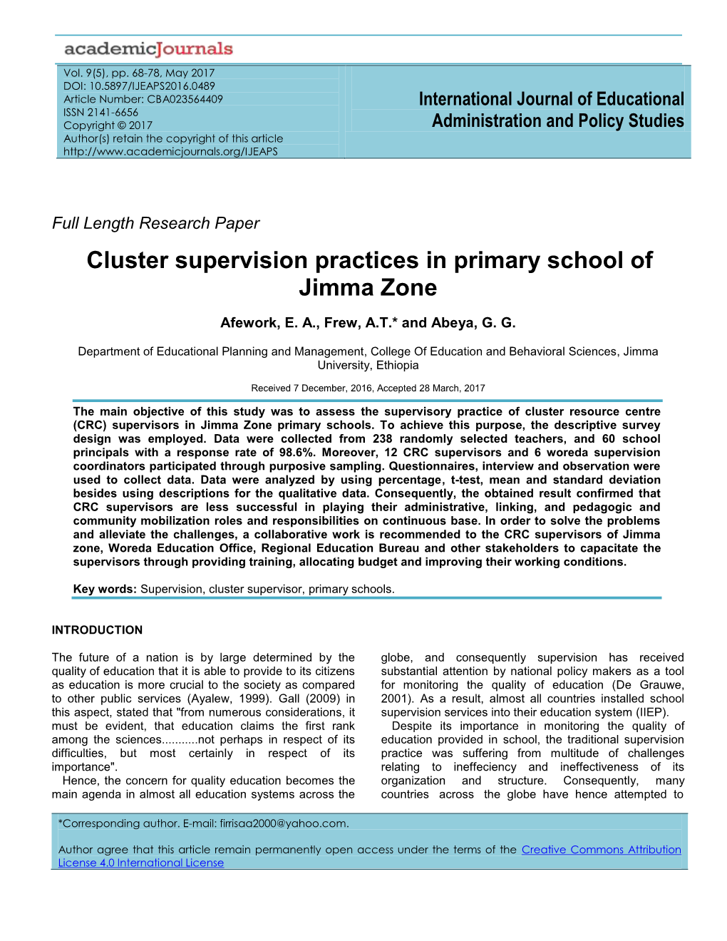 Cluster Supervision Practices in Primary School of Jimma Zone