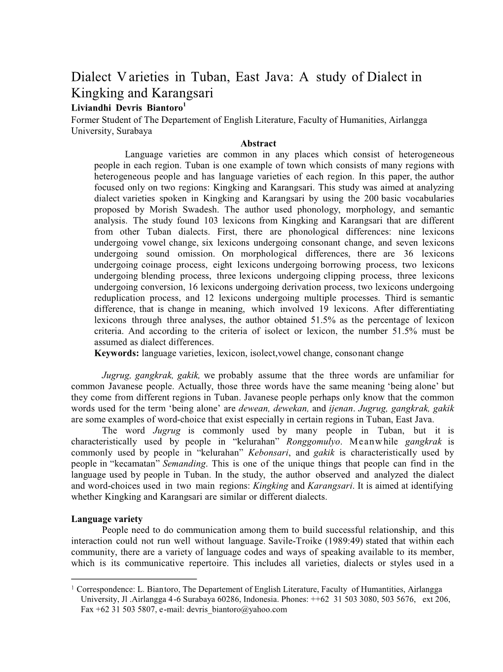 Dialect Varieties in Tuban, East Java