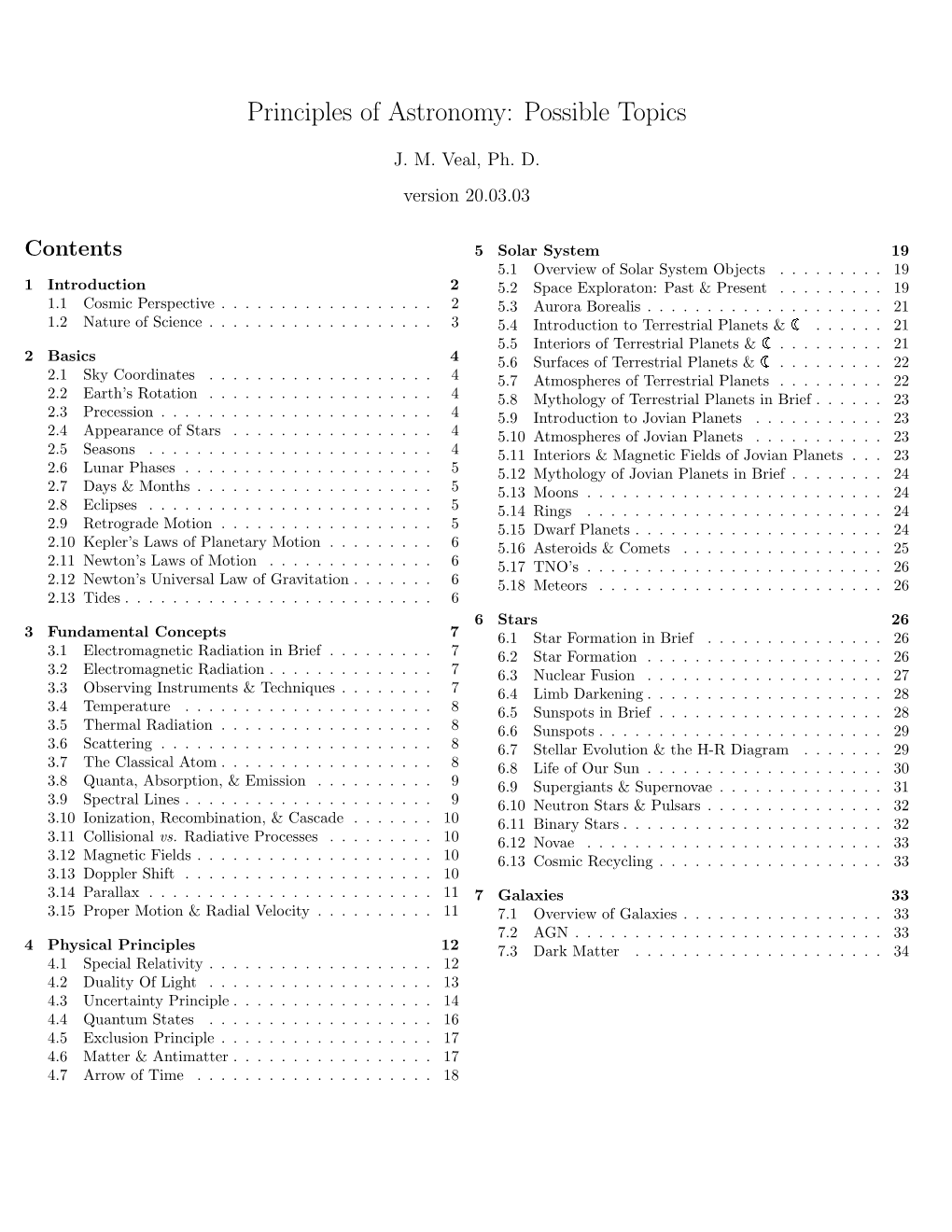 Principles of Astronomy: Possible Topics